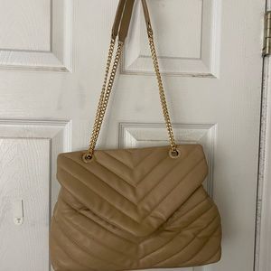 Brand: SHEIN // Color: tan, gold chains // Size: big purse, less than a tote